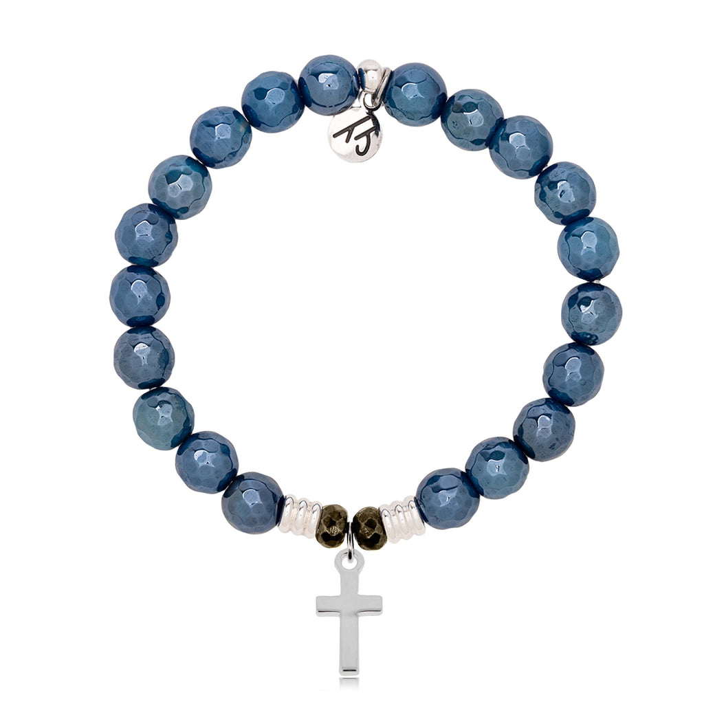 Blue Agate Gemstone Bracelet with Cross Sterling Silver Charm