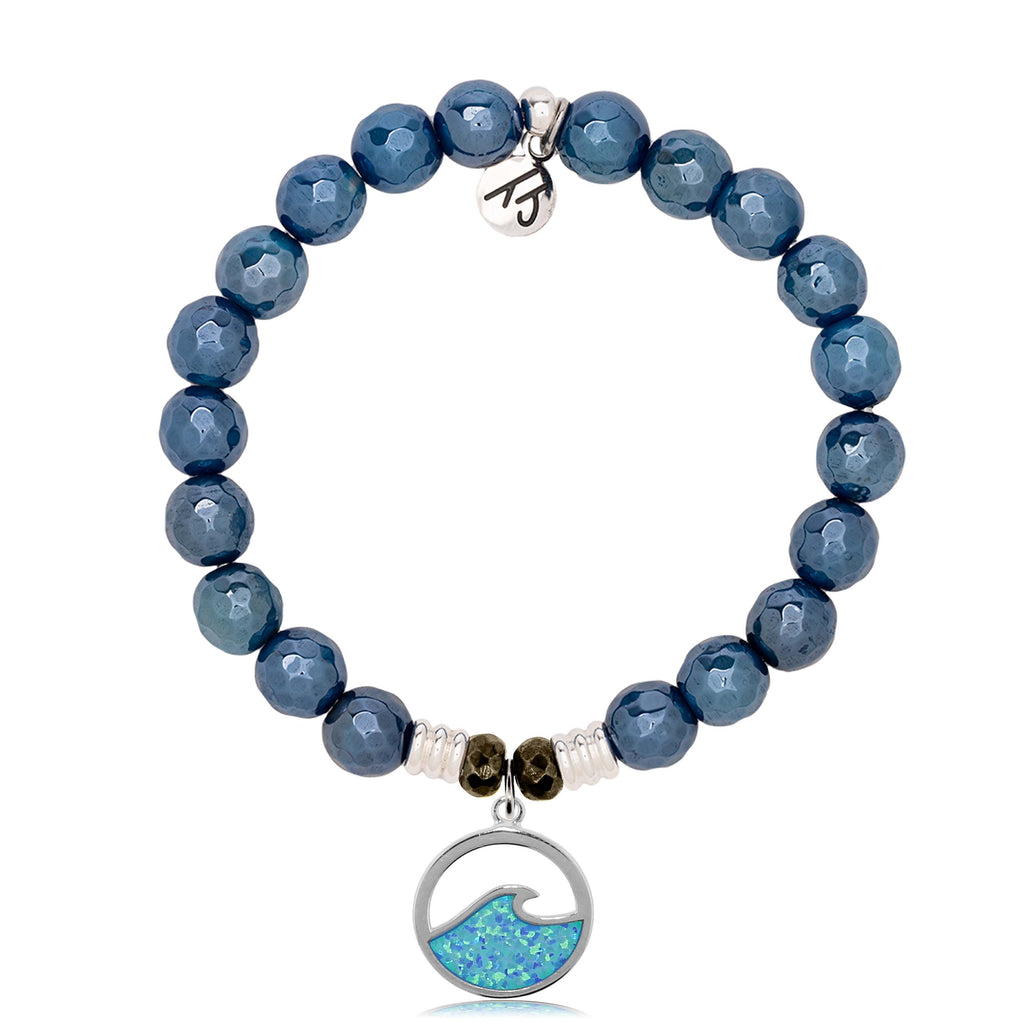 Blue Agate Gemstone Bracelet with Deep as the Ocean Sterling Silver Charm