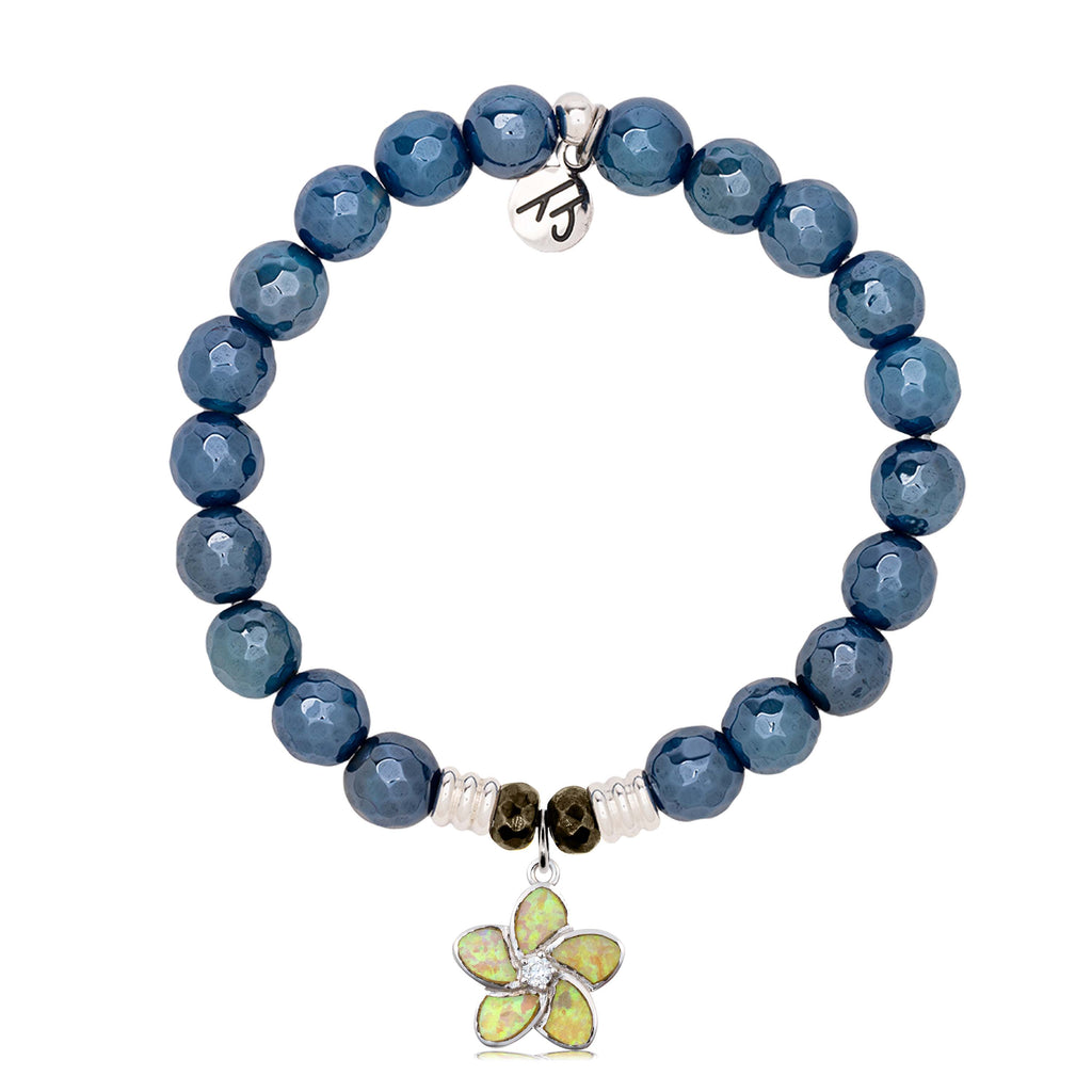 Blue Agate Gemstone Bracelet with Flower of Positivity Sterling Silver Charm