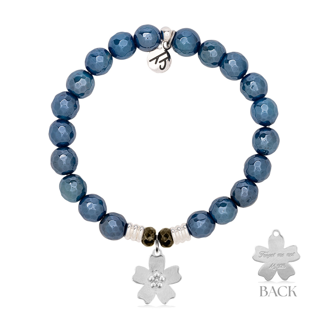 Blue Agate Gemstone Bracelet with Forget Me Not Sterling Silver Charm