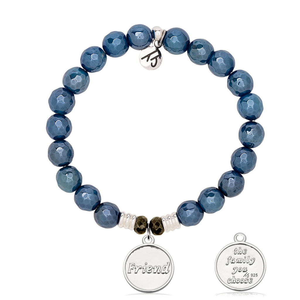 Blue Agate Gemstone Bracelet with Friend the Family Sterling Silver Charm