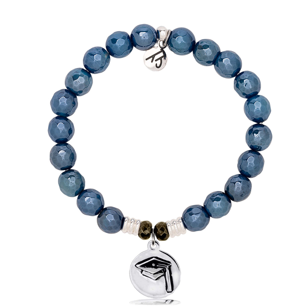 Blue Agate Gemstone Bracelet with Grad Cap Sterling Silver Charm