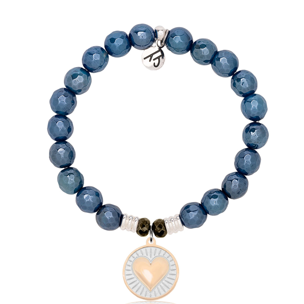 Blue Agate Gemstone Bracelet with Heart of Gold Sterling Silver Charm