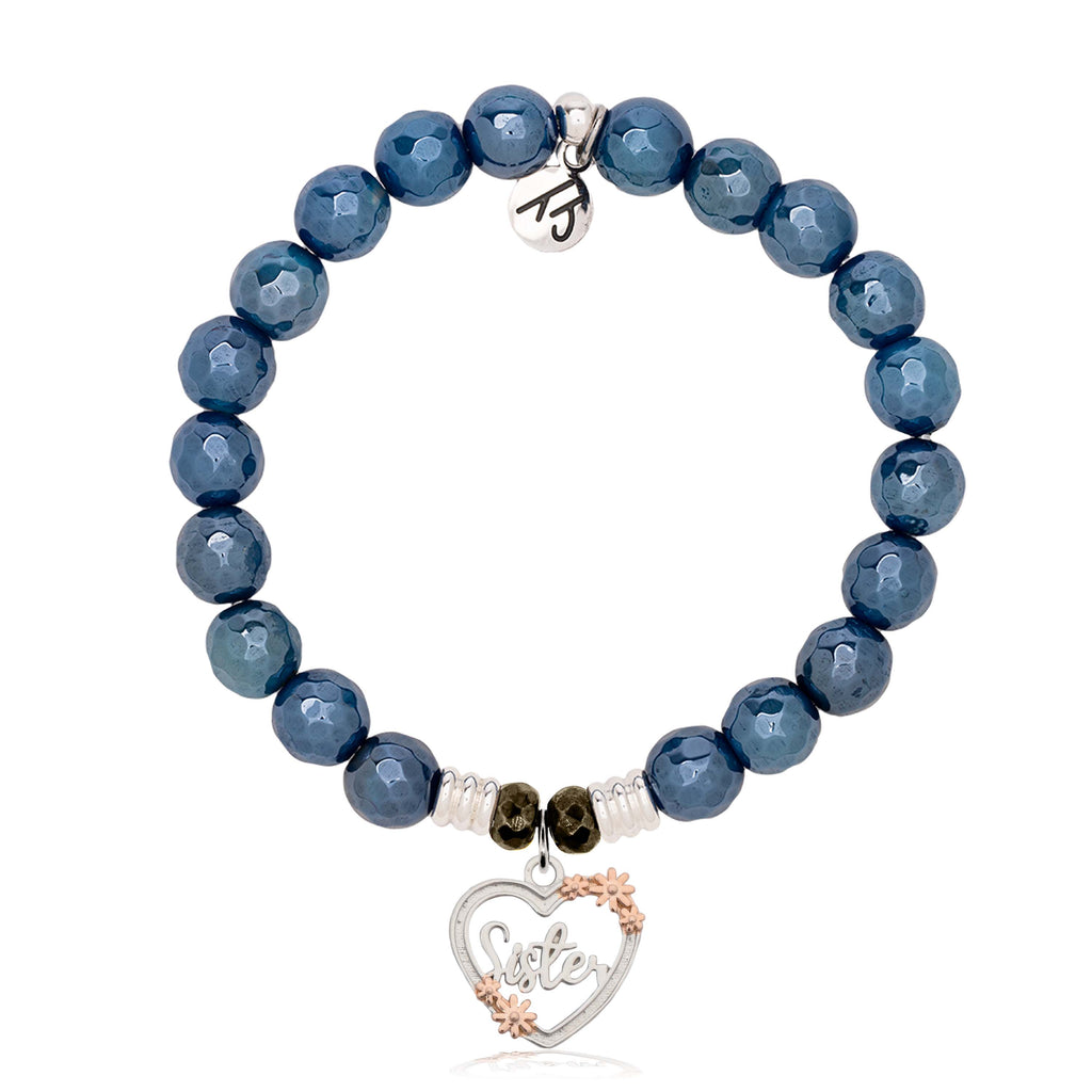 Blue Agate Gemstone Bracelet with Heart Sister Sterling Silver Charm