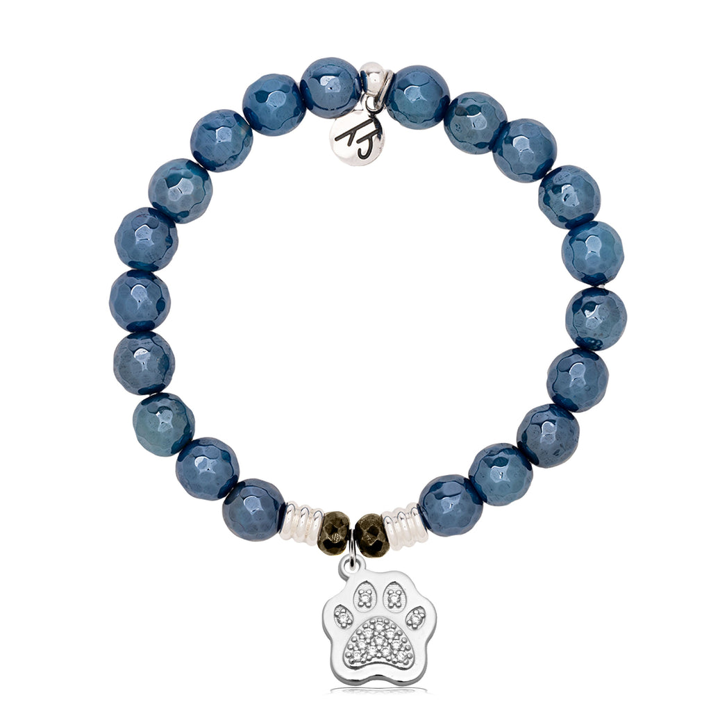 Blue Agate Gemstone Bracelet with Paw CZ Sterling Silver Charm