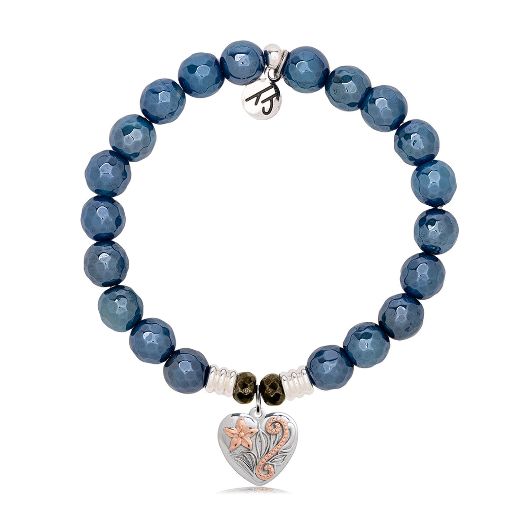 Blue Agate Gemstone Bracelet with Renewal Heart Sterling Silver Charm