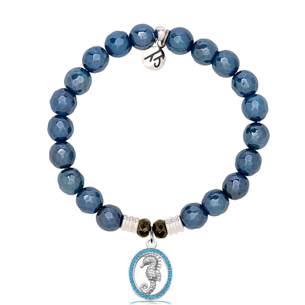 Blue Agate Gemstone Bracelet with Seahorse Sterling Silver Charm