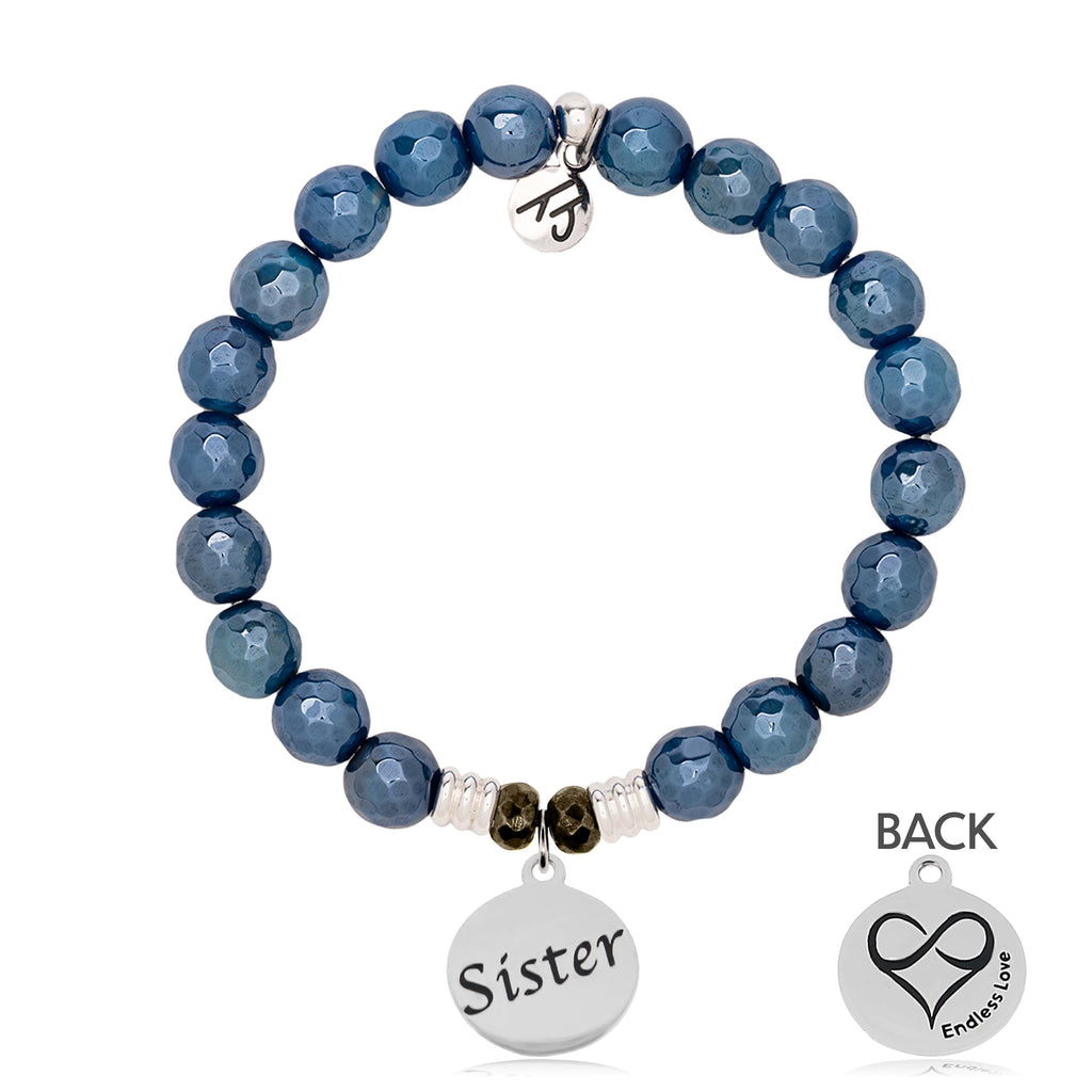 Blue Agate Gemstone Bracelet with Sister Sterling Silver Charm