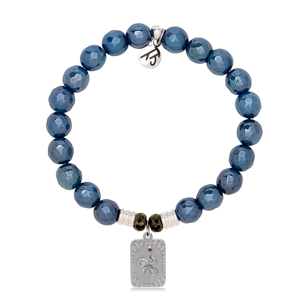 Blue Agate Gemstone Bracelet with Snake Sterling Silver Charm