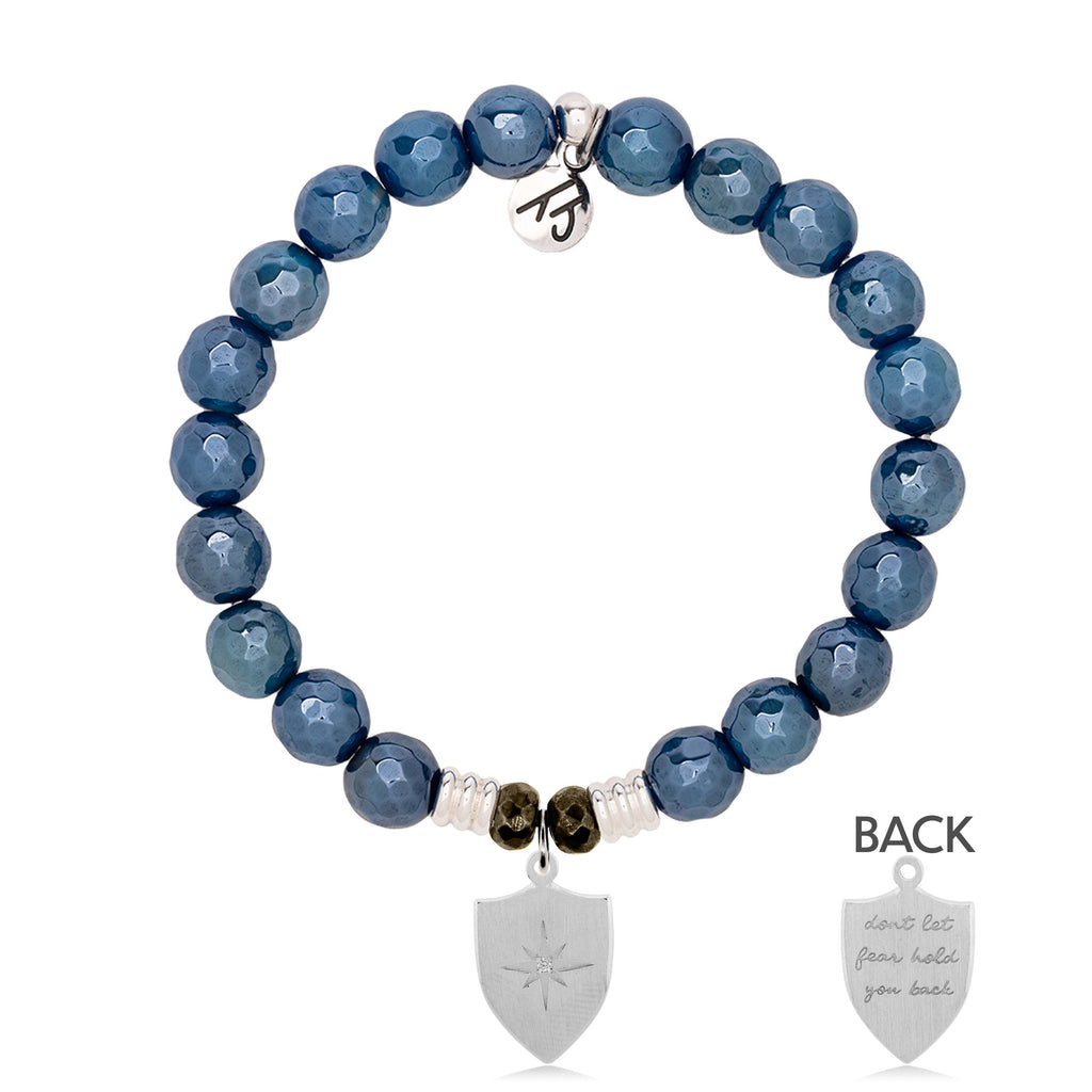Blue Agate Gemstone Bracelet with Strength Shield Sterling Silver Charm