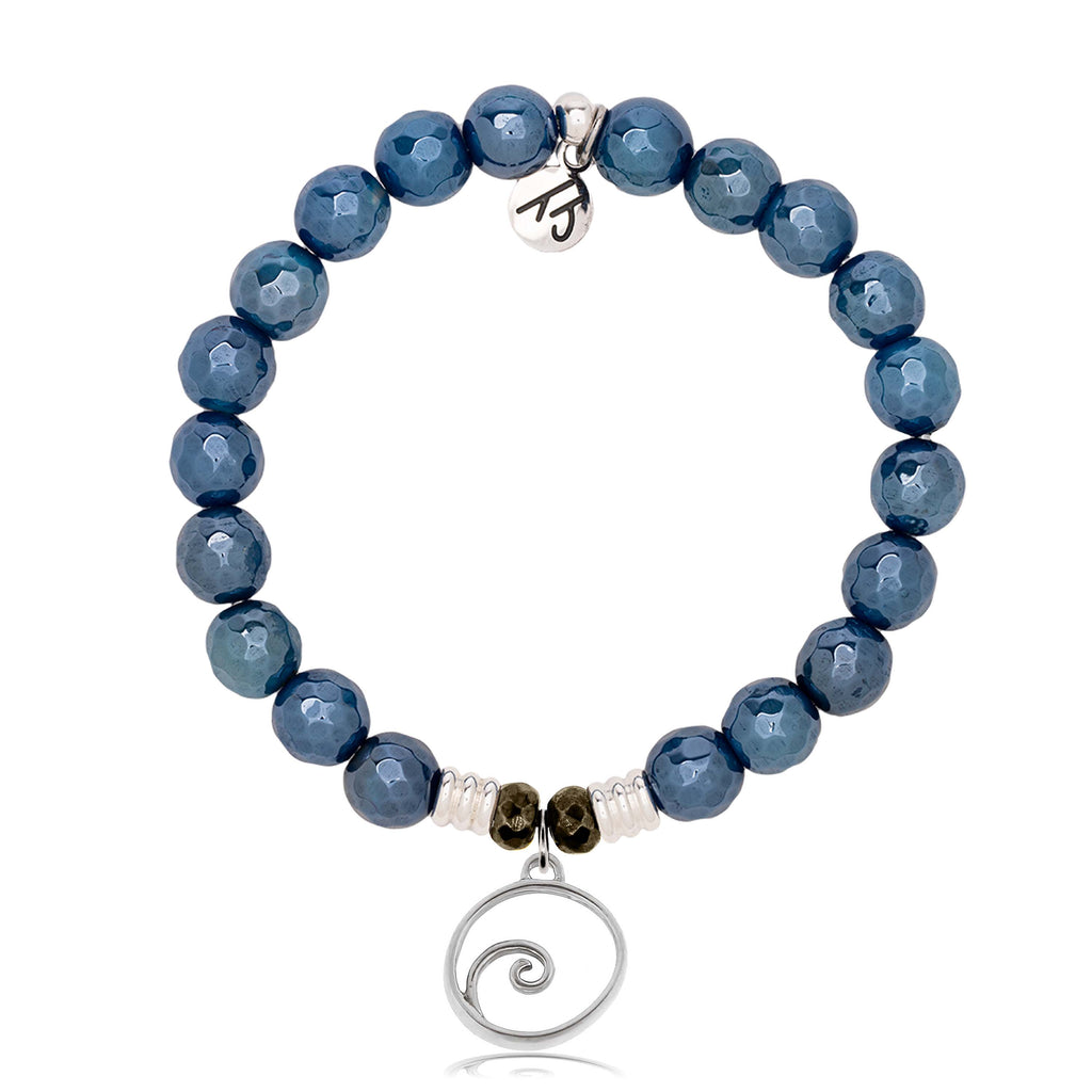 Blue Agate Gemstone Bracelet with Wave Sterling Silver Charm