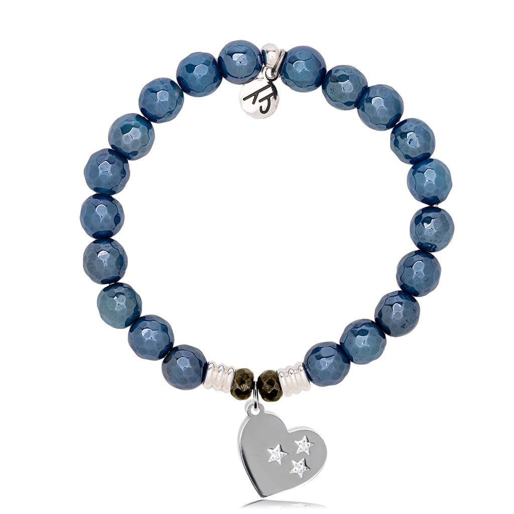Blue Agate Gemstone Bracelet with Wishing Heart Sterling Silver Charm