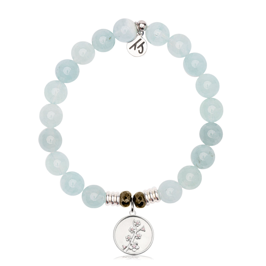 Blue Aquamarine Gemstone Bracelet with Cherry Blossom Sterling Silver Charm