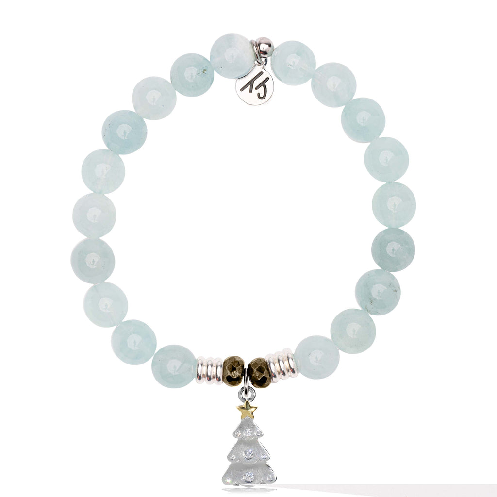 Blue Aquamarine Gemstone Bracelet with Christmas Tree Sterling Silver Charm