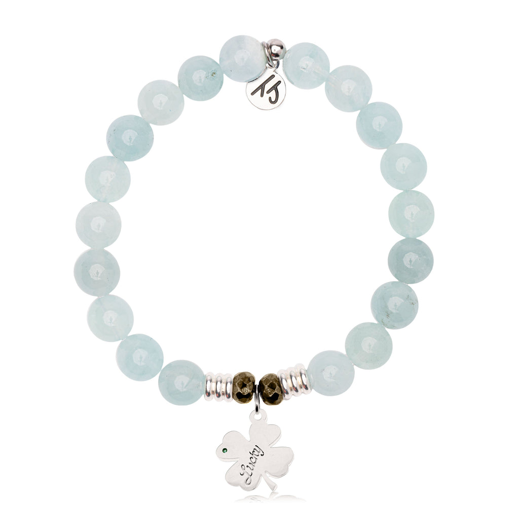 Blue Aquamarine Gemstone Bracelet with Lucky Clover Sterling Silver Charm