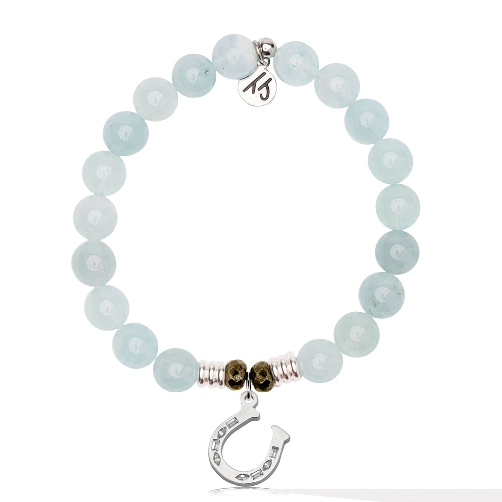 Blue Aquamarine Gemstone Bracelet with Lucky Horseshoe Sterling Silver Charm
