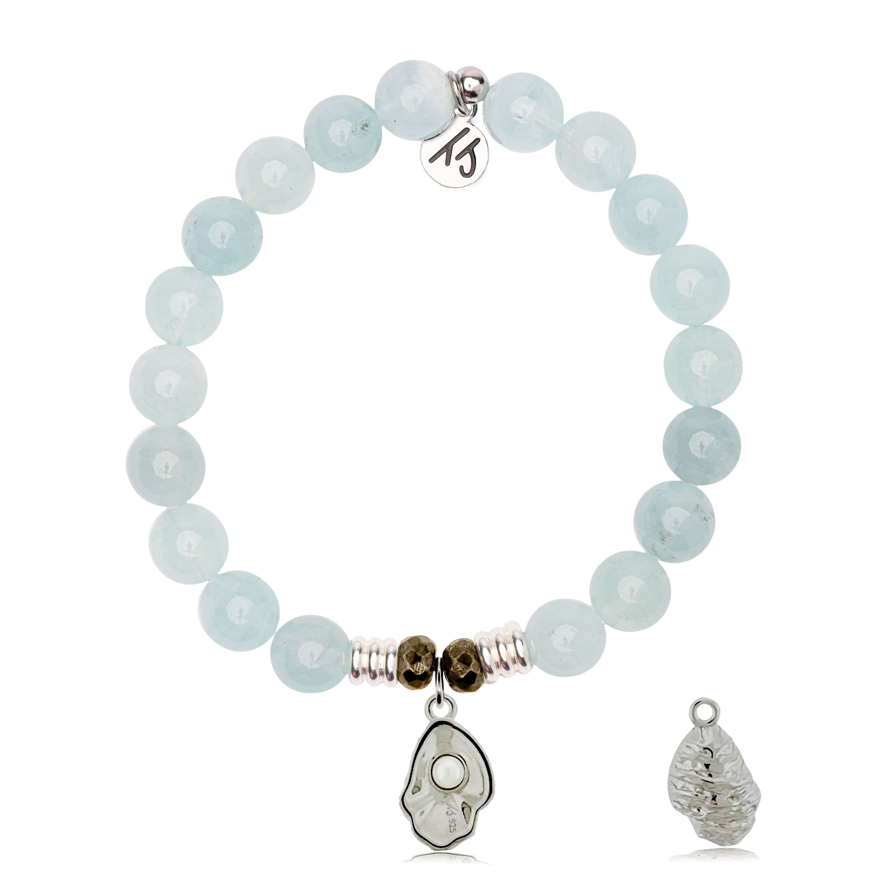 Blue Aquamarine Gemstone Bracelet with Oyster Sterling Silver Charm