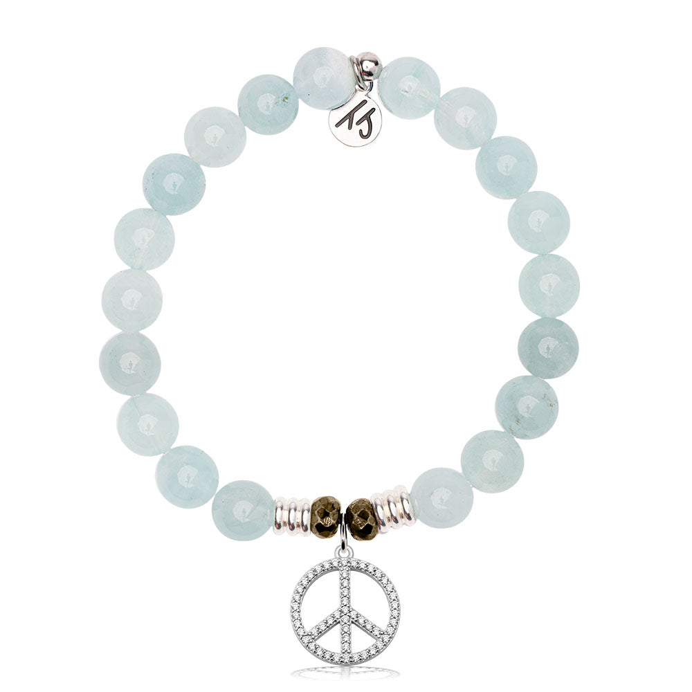 Blue Aquamarine Gemstone Bracelet with Peace CZ Sterling Silver Charm