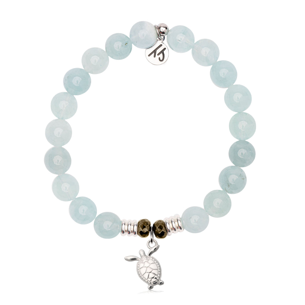 Blue Aquamarine Gemstone Bracelet with Turtle Cutout Sterling Silver Charm