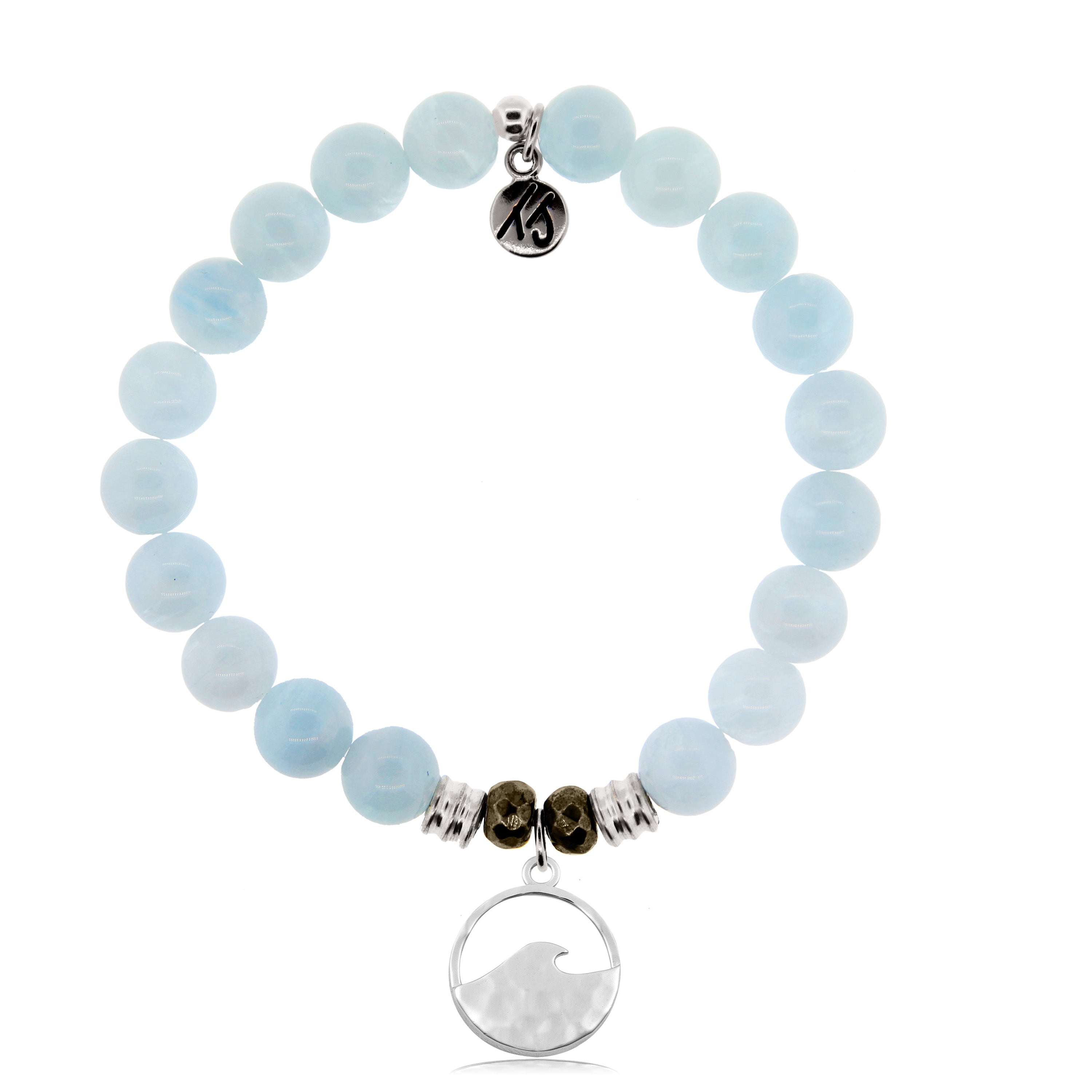 Blue Aquamarine Stone Bracelet with Hammered Waves Sterling Silver Charm