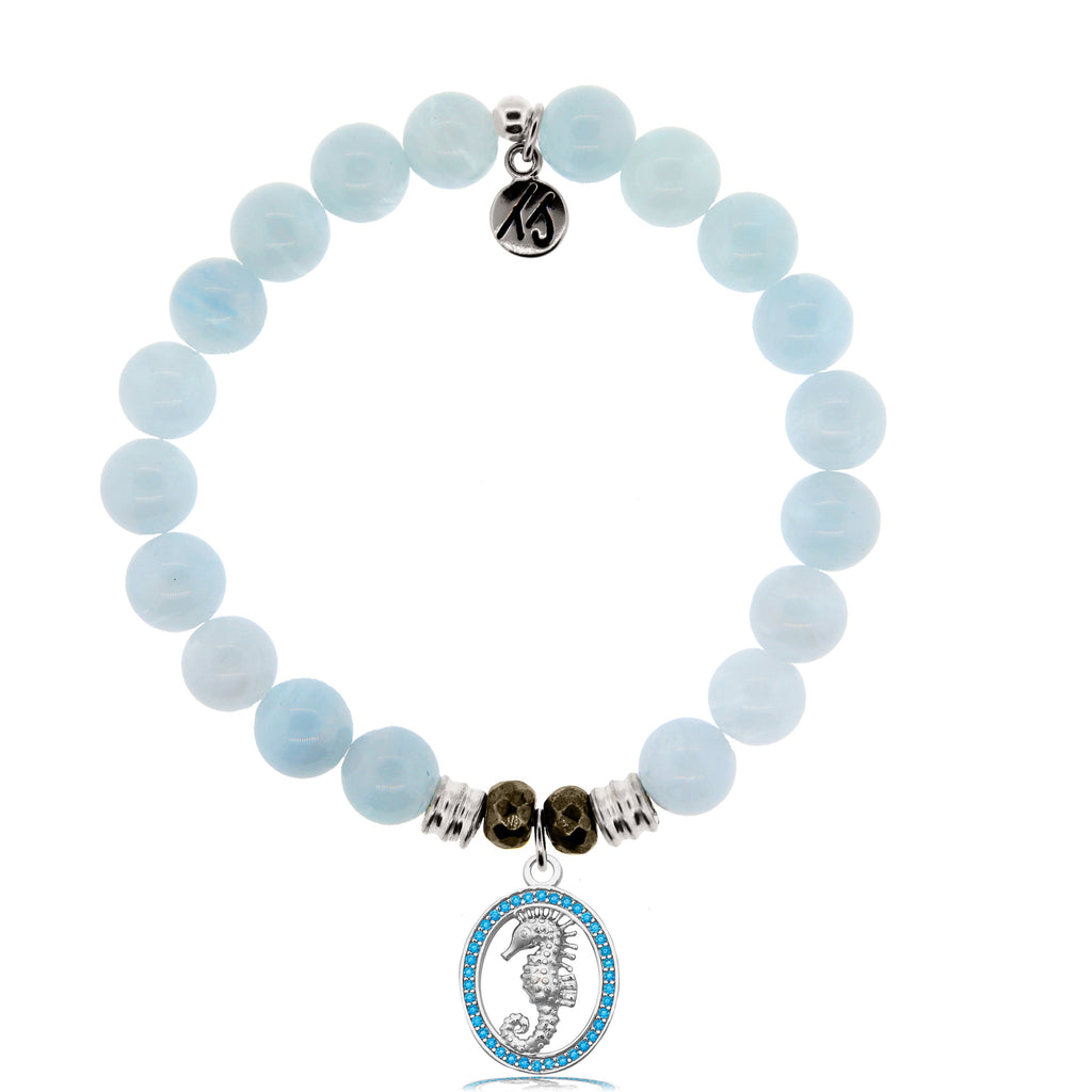 Blue Aquamarine Stone Bracelet with Seahorse Sterling Silver Charm