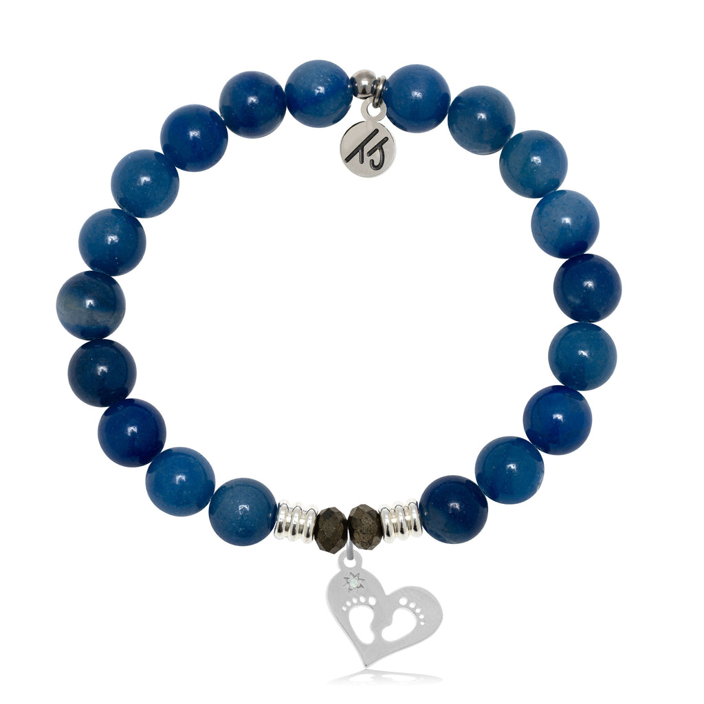 Blue Aventurine Gemstone Bracelet with Baby Feet Sterling Silver Charm