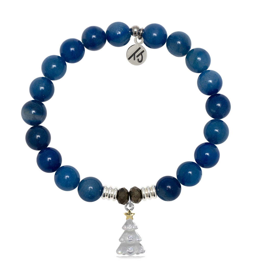 Blue Aventurine Gemstone Bracelet with Christmas Tree Sterling Silver Charm