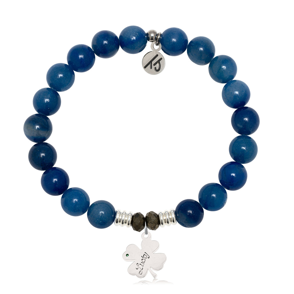 Blue Aventurine Gemstone Bracelet with Lucky Clover Sterling Silver Charm