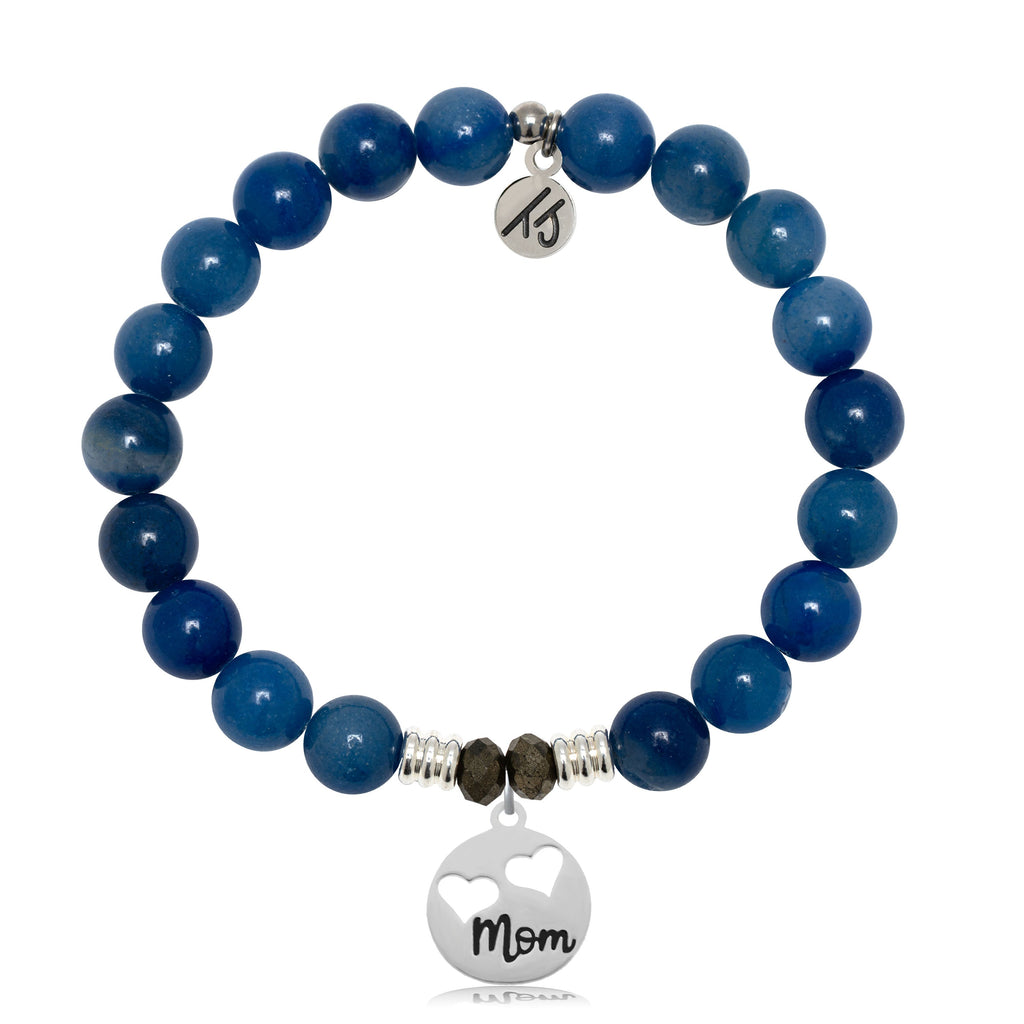 Blue Aventurine Gemstone Bracelet with Mom Hearts Sterling Silver Charm