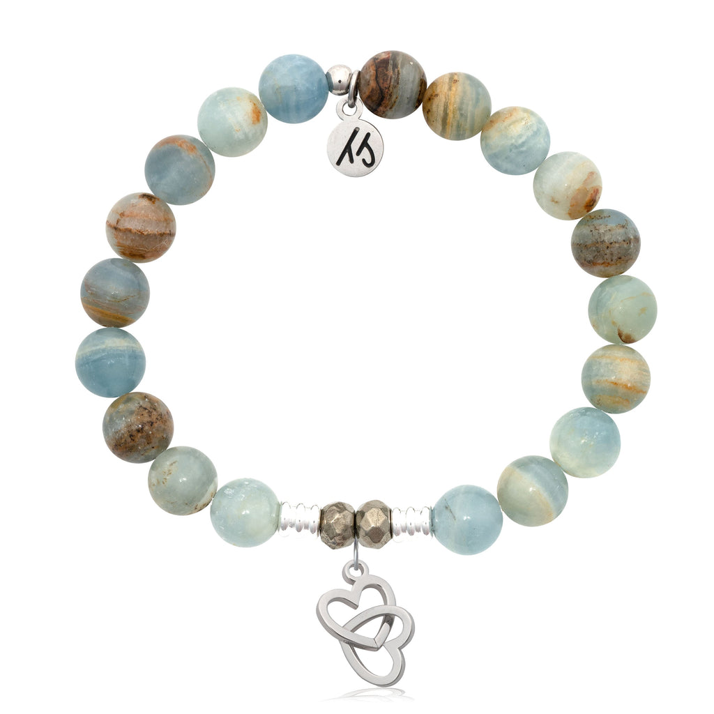 Blue Calcite Gemstone Bracelet with Linked Hearts Sterling Silver Charm