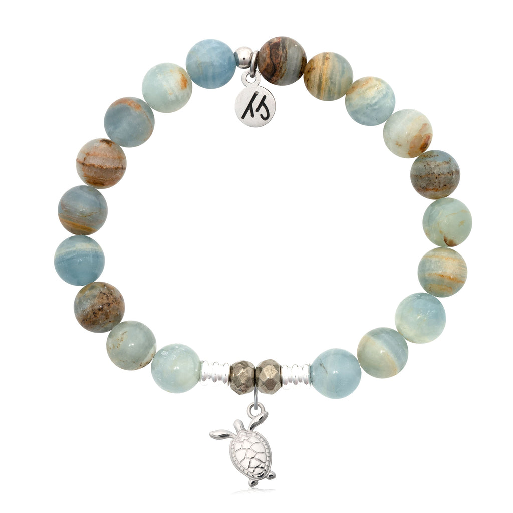 Blue Calcite Gemstone Bracelet with Turtle Cutout Sterling Silver Charm