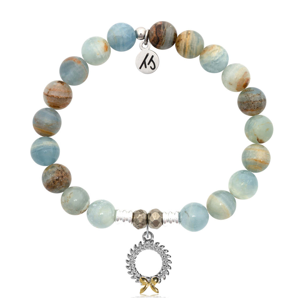 Blue Calcite Gemstone Bracelet with Wreath Sterling Silver Charm