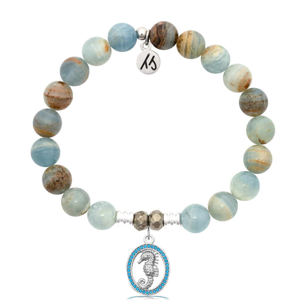 Blue Calcite Stone Bracelet with Seahorse Sterling Silver Charm