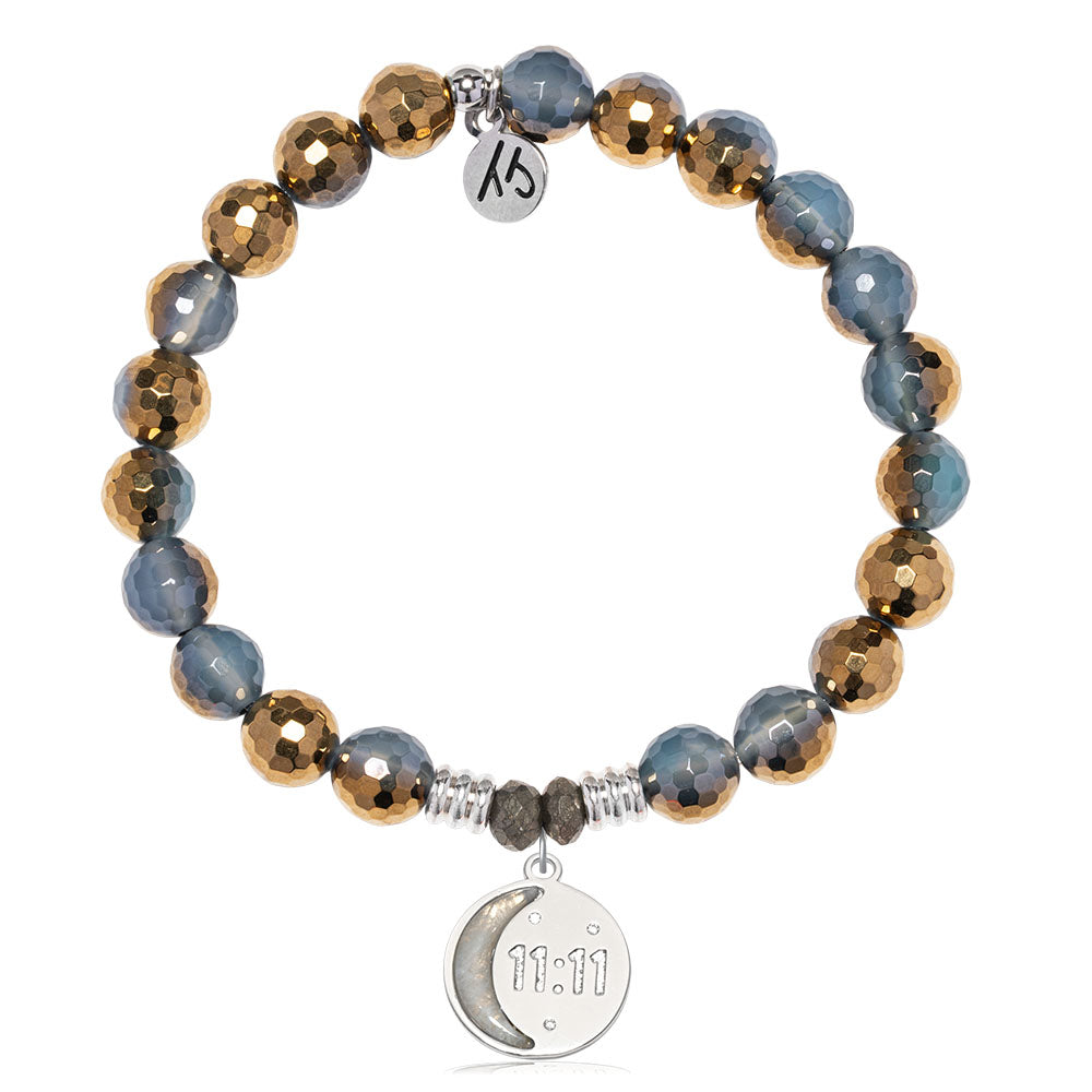 Blue Gold Agate Gemstone Bracelet with 11:11 Sterling Silver Charm
