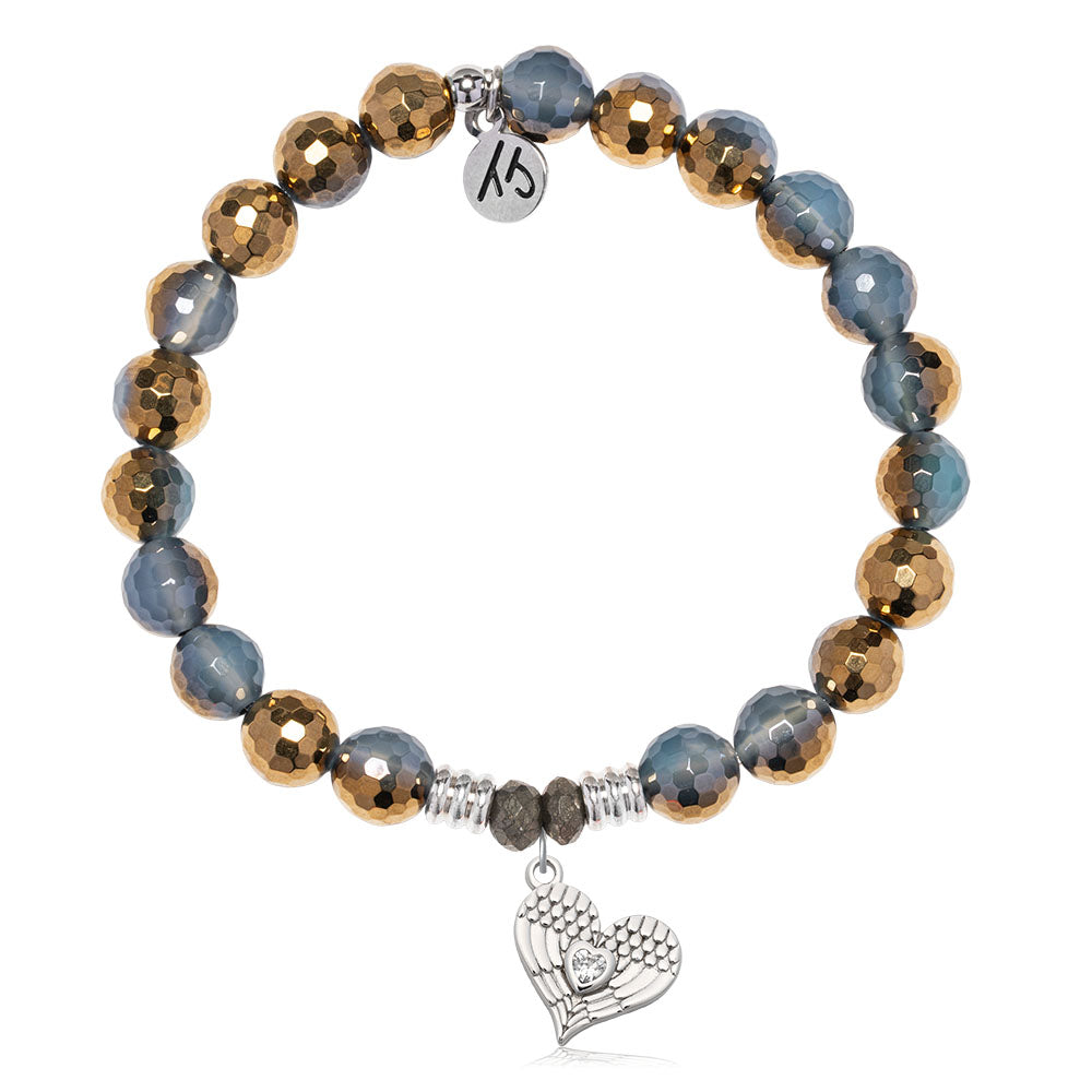 Blue Gold Agate Gemstone Bracelet with Angel Love Sterling Silver Charm