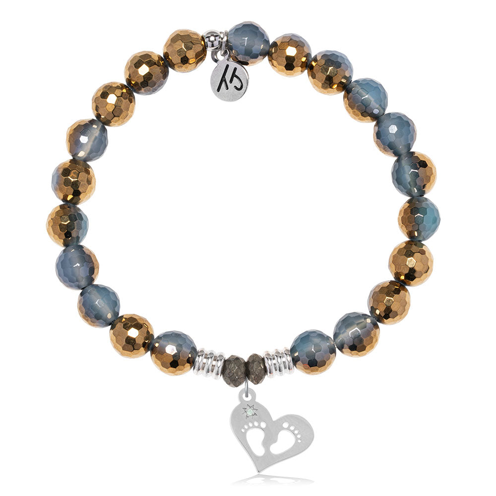 Blue Gold Agate Gemstone Bracelet with Baby Feet Sterling Silver Charm