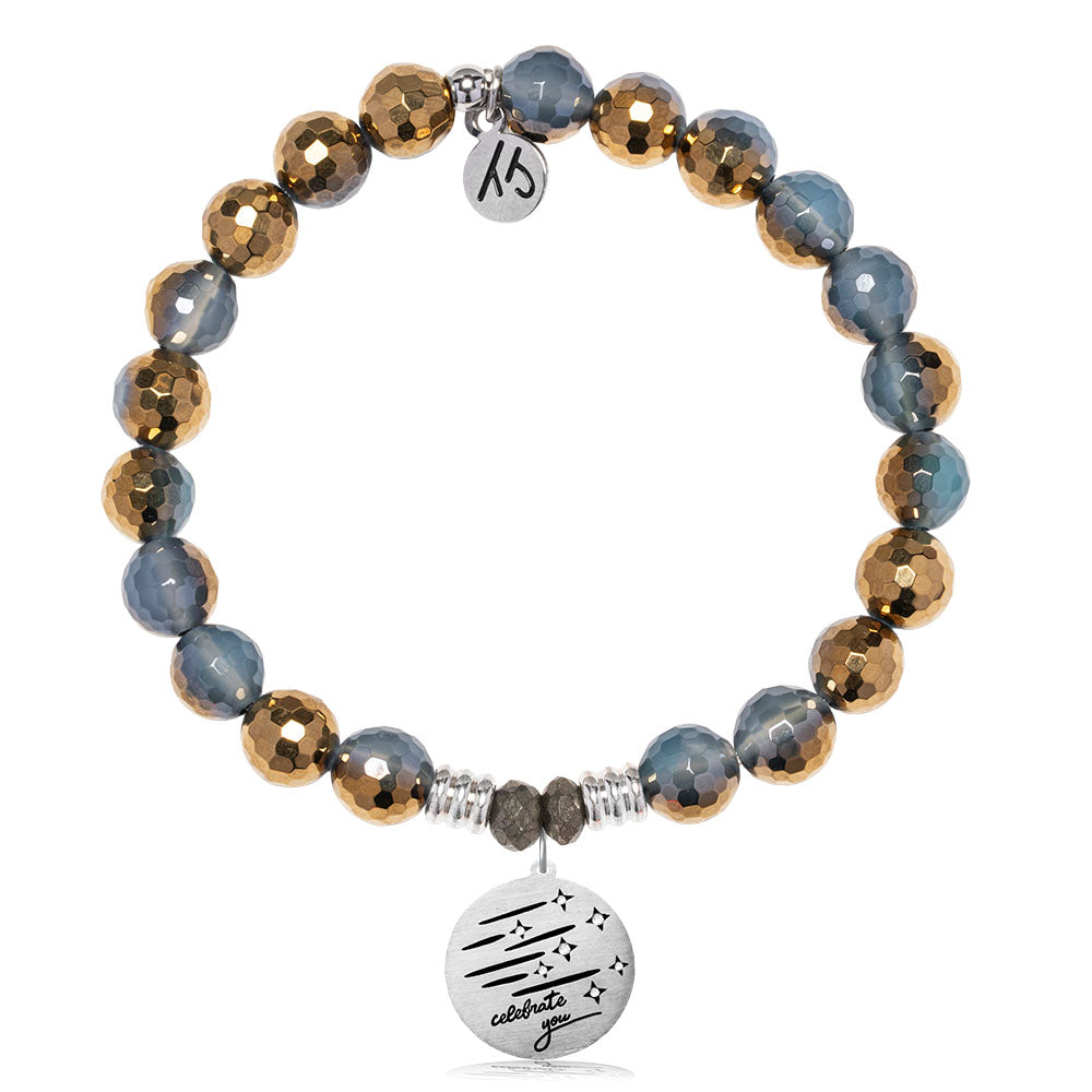 Blue Gold Agate Gemstone Bracelet with Birthday Wishes Sterling Silver Charm