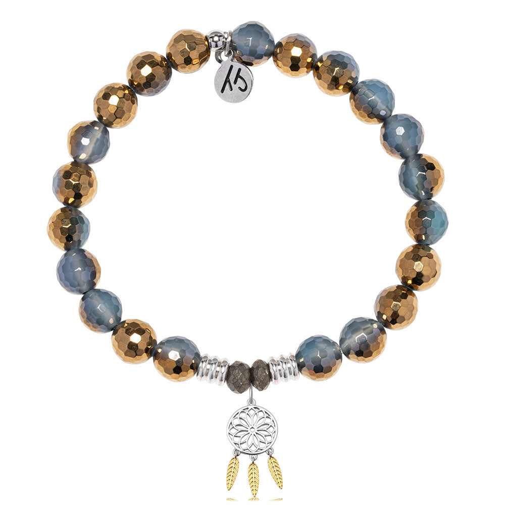 Blue Gold Agate Gemstone Bracelet with Dream Catcher Sterling Silver Charm
