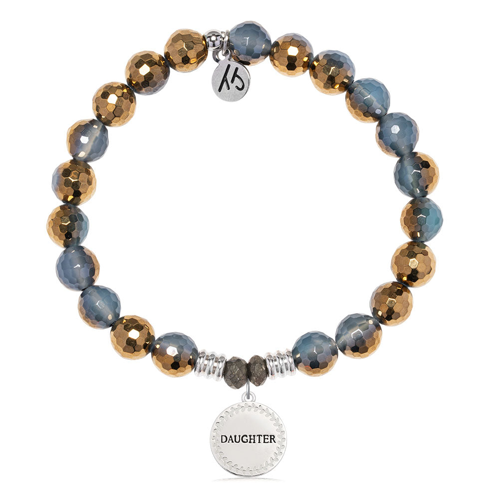Blue Gold Agate Gemstone Bracelet with Endless Love Daughter Sterling Silver Charm
