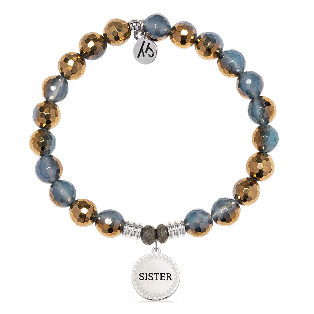 Blue Gold Agate Gemstone Bracelet with Endless Love Sister Sterling Silver Charm