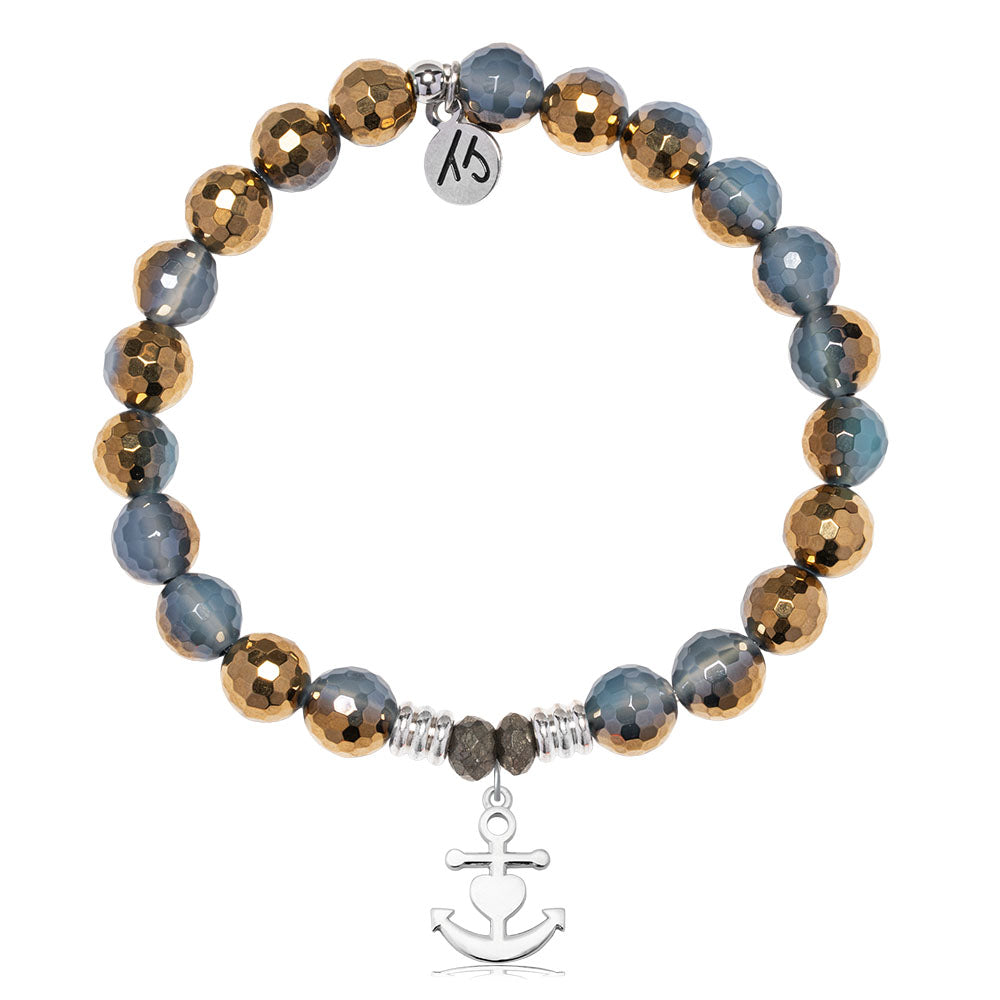 Blue Gold Agate Gemstone Bracelet with Faith. Hope. Love Sterling Silver Charm