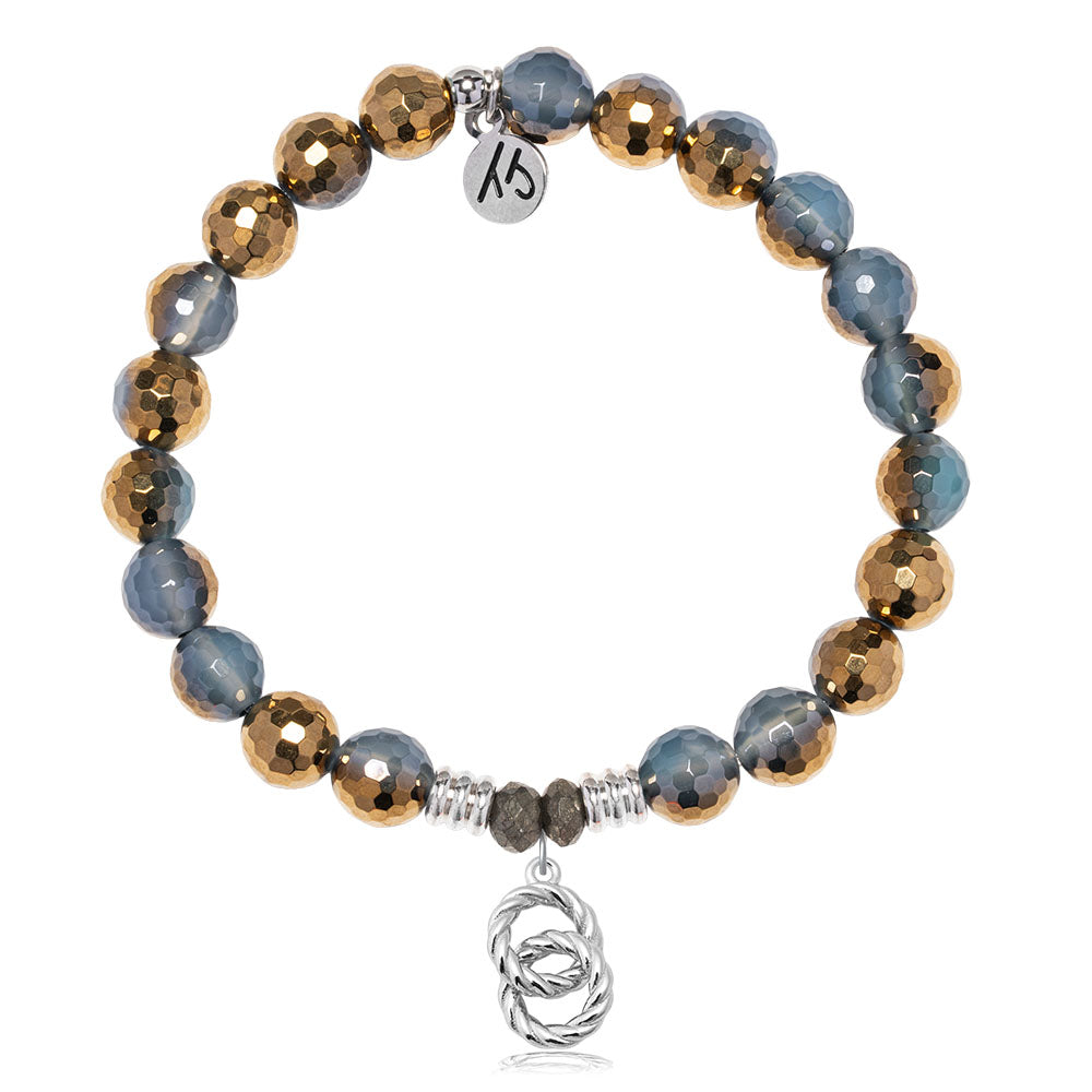 Blue Gold Agate Gemstone Bracelet with Forever Connected Sterling Silver Charm