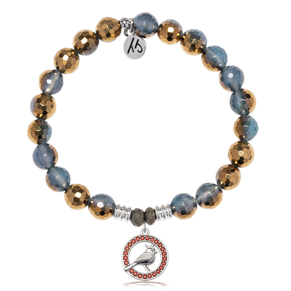 Blue Gold Agate Gemstone Bracelet with Garnet Cardinal CZ Sterling Silver Charm