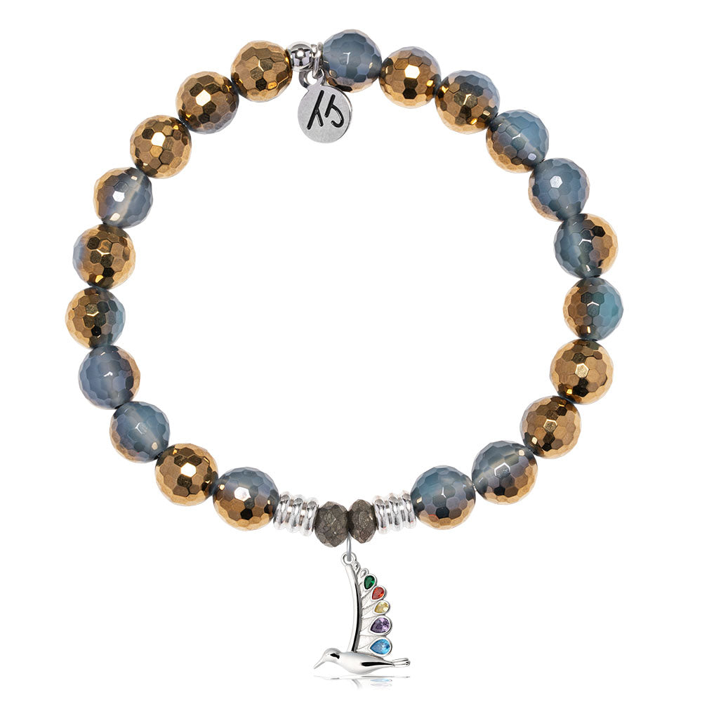 Blue Gold Agate Gemstone Bracelet with Hummingbird Sterling Silver Charm