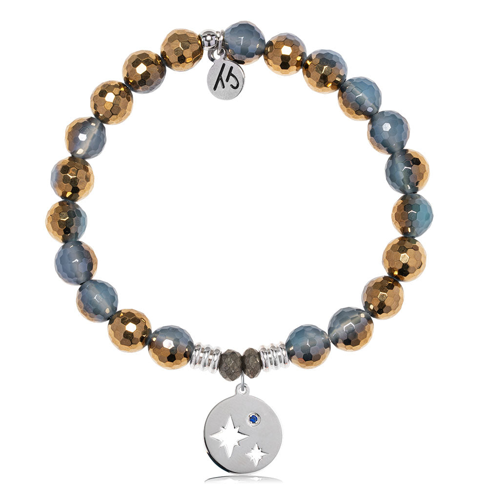 Blue Gold Agate Gemstone Bracelet with Mother Son Sterling Silver Charm