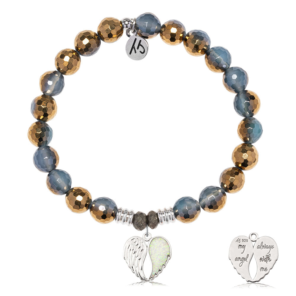 Blue Gold Agate Gemstone Bracelet with My Angel Sterling Silver Charm
