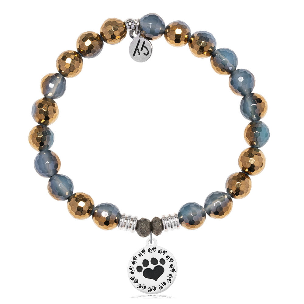 Blue Gold Agate Gemstone Bracelet with Paw Print Sterling Silver Charm
