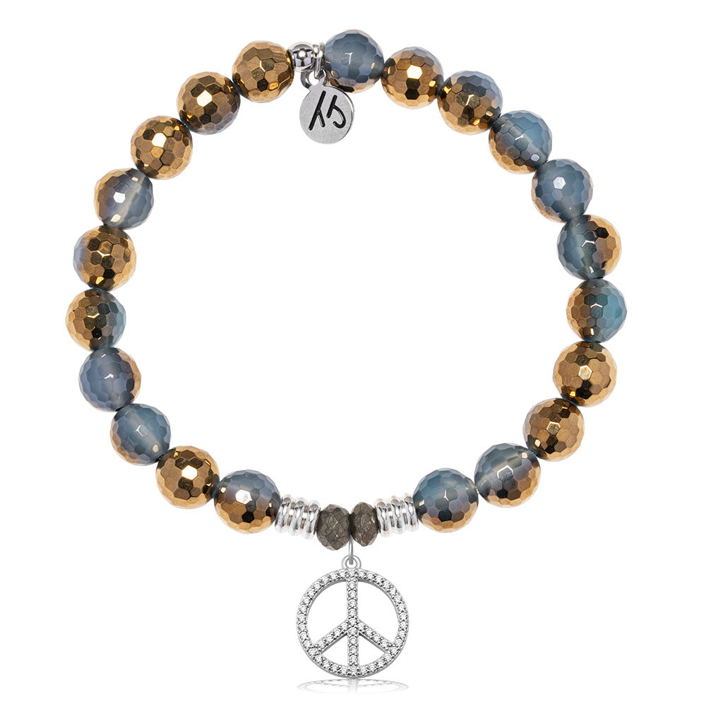 Blue Gold Agate Gemstone Bracelet with Peace CZ Sterling Silver Charm