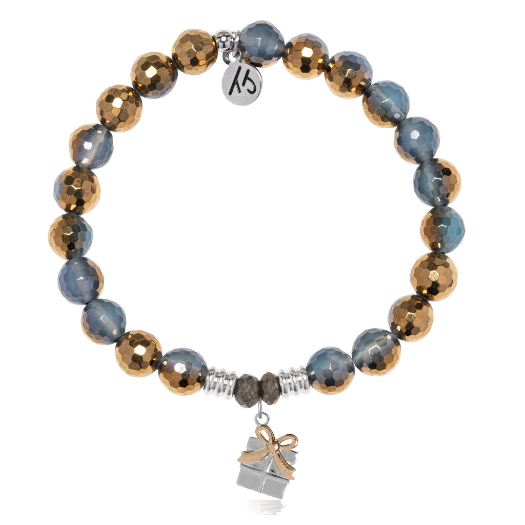 Blue Gold Agate Gemstone Bracelet with Present Sterling Silver Charm