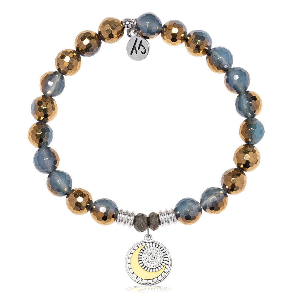 Blue Gold Agate Gemstone Bracelet with Radiant Soul Sterling Silver Charm